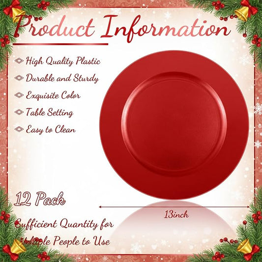 Tanlade 12 Pcs 13 Inch Charger Plates Bulk Round Wedding Chargers Plastic Dinner Plates for Table Setting Wedding Party Decoration (Red)