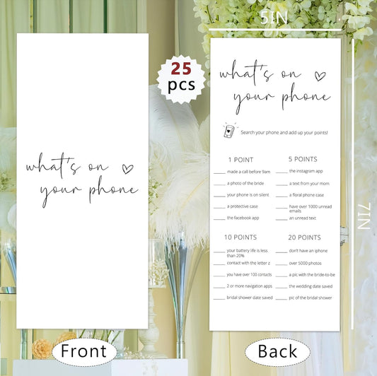 Bridal Shower Games, What's On Your Phone, 25Pcs 4x9inch Minimalist White Double-Sided Bridal Game Cards, Wedding Shower Games for Guests, Engagement Bachelorette Party Supplies - A17