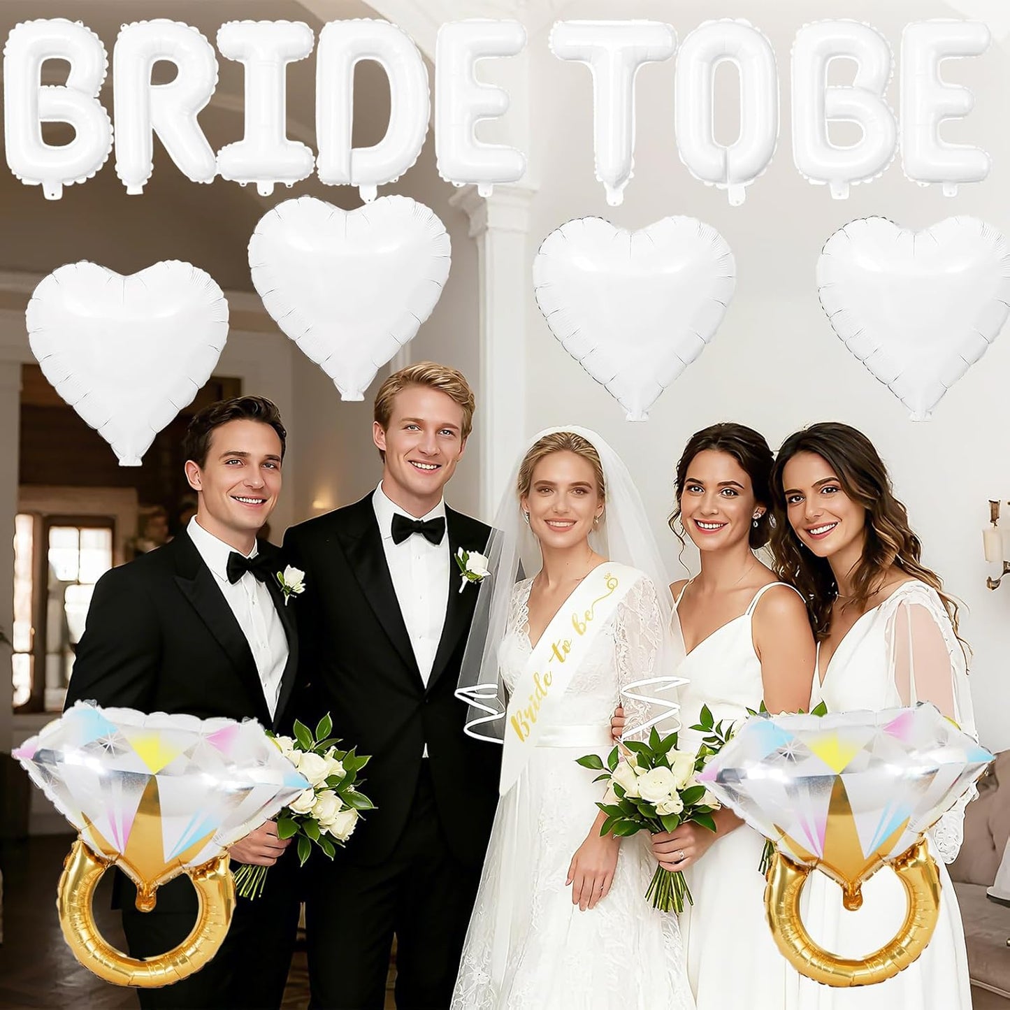 White Bachelorette Party Decorations, White Bride to Be Banner Heart Balloons with Diamond Ring Foil Balloon, Gold Bride to Be Sash&Veil for Bachelorette Engagement Gift Bridal Shower Party Supplies