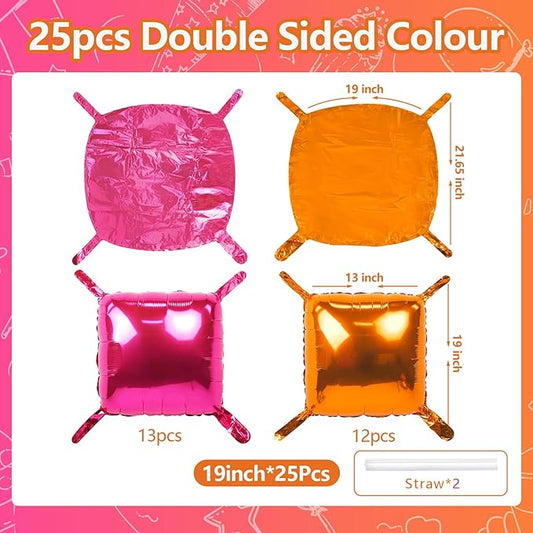 NISOCY 25PCS Rose Red and Orange Square Foil Balloons Wall Backdrop Double Sided Hot Pink Orange Balloons Arch Kit for Birthday Baby Shower Valentine's Day Wedding Tropical Party Decorations