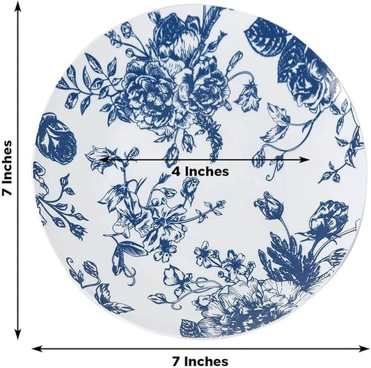 Efavormart 10-Pack French Toile Plastic Dessert Plates – Blue & White Floral, 7" Round Disposable Salad Plates
