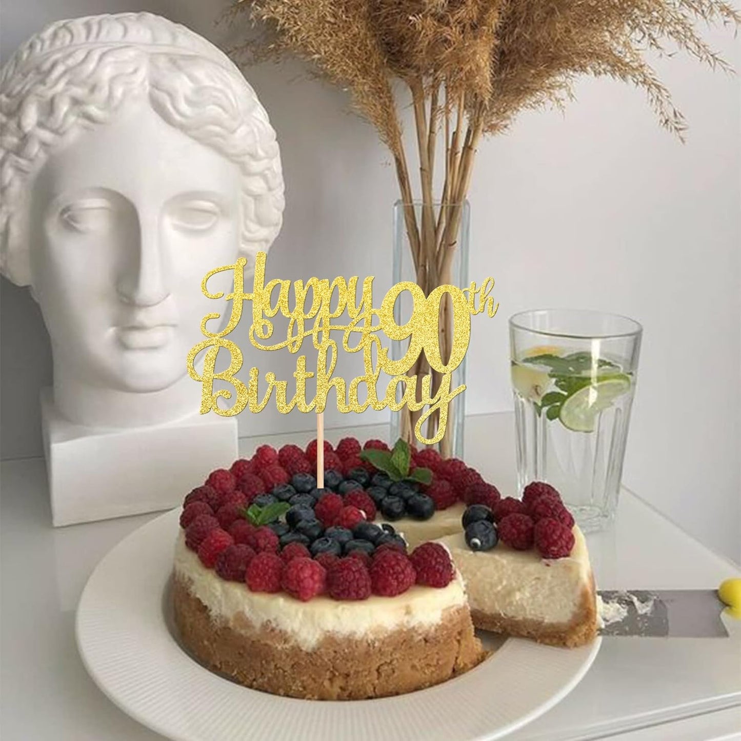 1 PCS Happy 90th Birthday Cake Topper Gold Glitter Cheers to 90 Years Birthday Cake Pick 90 Fabulous Cake Decoration for Happy 90th Birthday Theme Party Decorations Supplies