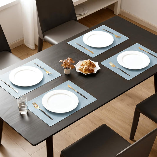 MOSAYT Vinyl Placemats Set of 12-12 X 17 Inch - Faux Leather 100% Waterproof Oil-Proof Wipeable PU Place Mats, Heat Resistant Reversible Table Mats for Kitchen, Dining, Outdoor (Light Grayish Blue)