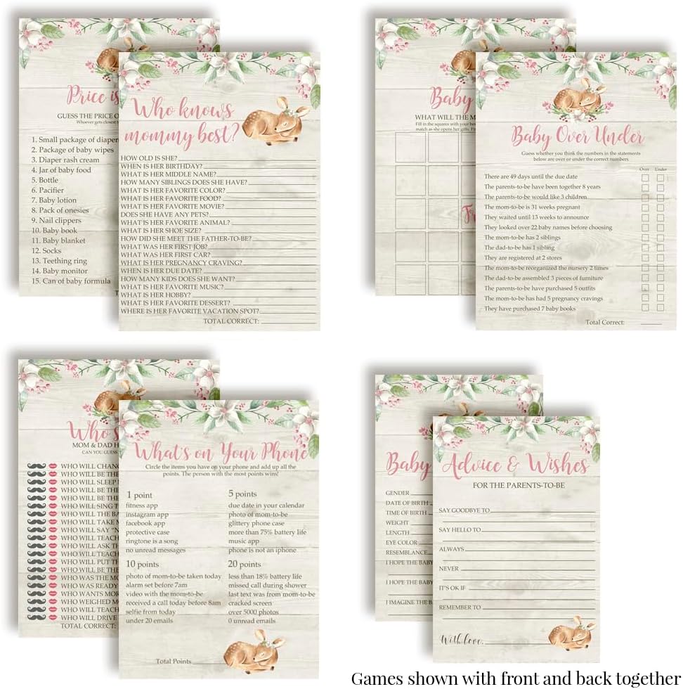 Baby Shower Games 8 Game Set Pink Watercolor Little Deer Woodland Floral 80 Double-Sided Cards for 20 Guests. Baby Shower Bingo, Baby Predictions & Activities for Guests. Theme for Girl
