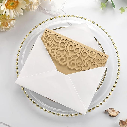 50PCS Gold Wedding Invitation, Bridal Shower Invitations Blank Personalized Wedding Rsvp Cards with Envelopes and Sticker, Pearl Paper Inserts Laser Cut Pocket for Festival Anniversary Housewarming