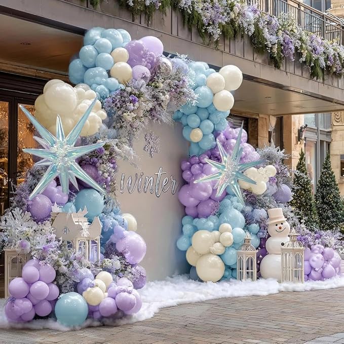 Frozen Balloon Garland Arch Kit, Double Stuffed Purple Blue White Pearl Balloons with Iridescent Star Foils for Birthday Christmas Baby Shower Frozen Wedding Winter Party Decorations