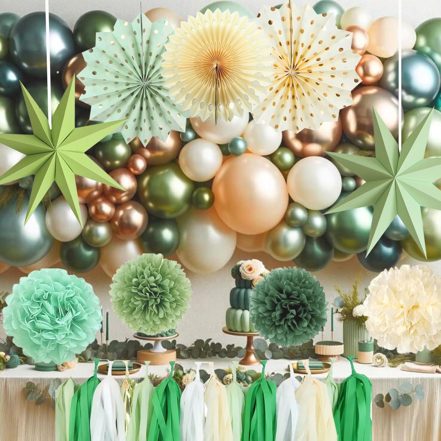 Green Party Decorations - Sage Greens Birthday Decoration - 15PCS Paper Decorations for Women Men Girl Boy,Hanging Backdrop for Engagement,Green Boho Wedding,Baby Shower,Bridal Shower,Garden Party