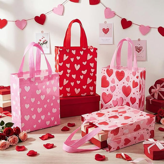 Wesnoy 48 Pcs Valentine's Day Gift Bags Bulk Reusable Medium Non Woven Heart Snack Candy Goodie Treat Tote Bags with Handle for Galentines Event Party Favor Gift Wrap,10 x 8 x 4 Inch