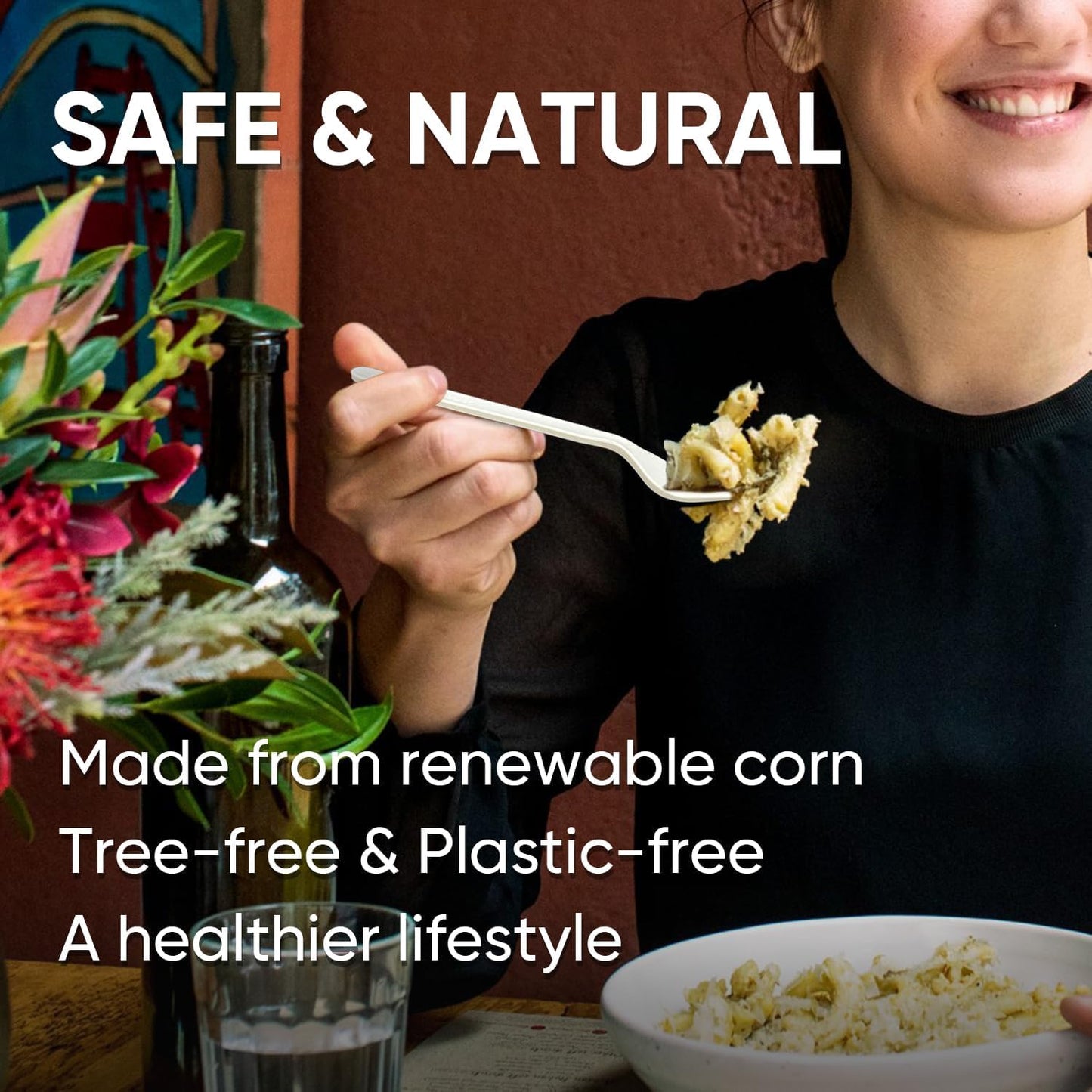 Compostable Forks and Spoons Bulk 300 Count Disposable Compostable Cutlery 100% No Plastic Silverware Heavy Duty Forks Spoons Biodegradable Utensils