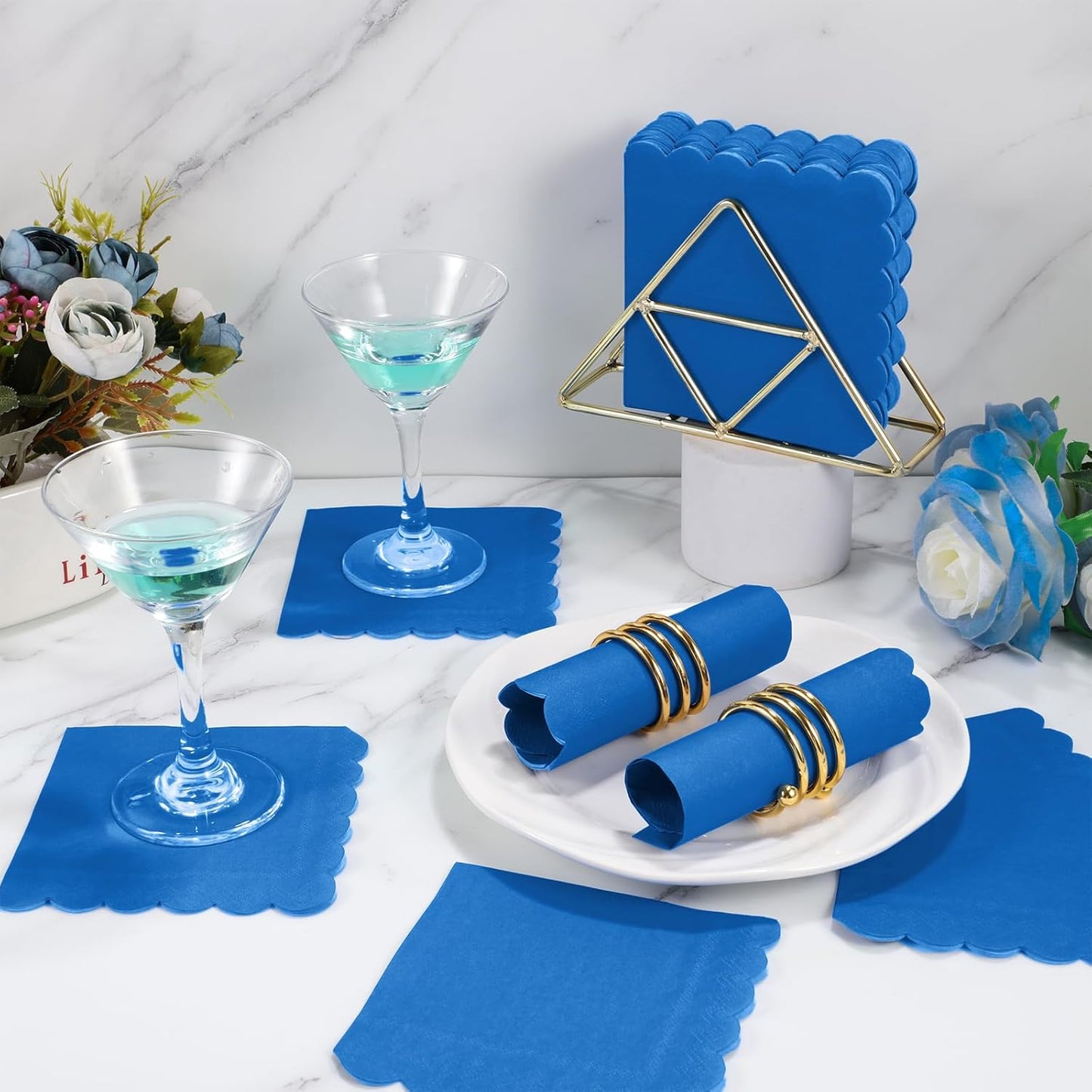 120 Pcs Royal Blue Napkins, Scalloped Blue Cocktail Napkins Disposable Beverage Dessert Napkin Patriotic Paper Napkin for Bar Birthday Baby Shower, 5 x 5 Inch