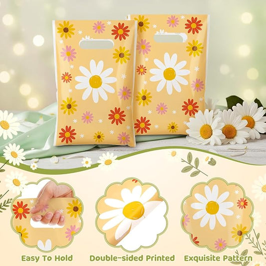 Frienda 100 Pcs Spring Daisy Flower Plastic Gift Bags with Handles 9.84''x6.5'' Daisy Plastic Candy Goodies Bags Treat Favors for Picnic Camping Spring Groovy Wedding Tea Party Gift Wrapping Supplies