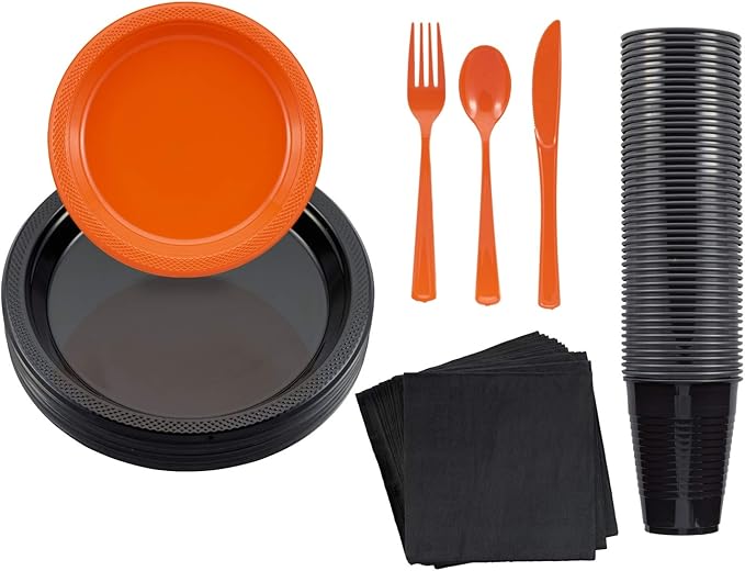 350 Pcs Orange & Black Plastic Plates For Party, Orange & Black Disposable Plates Set, 50 Of Each 9" Dinner Plate Set, 7" Dessert Plate, Cups, Napkins & Cutlery Plastic Dinnerware Exquisite