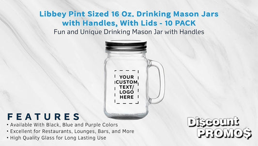 DISCOUNT PROMOS Custom Libbey Handle Mason Jars w/Lids 16 oz. Set of 10, Personalized Bulk Pack - Traditional style, High standard - Black