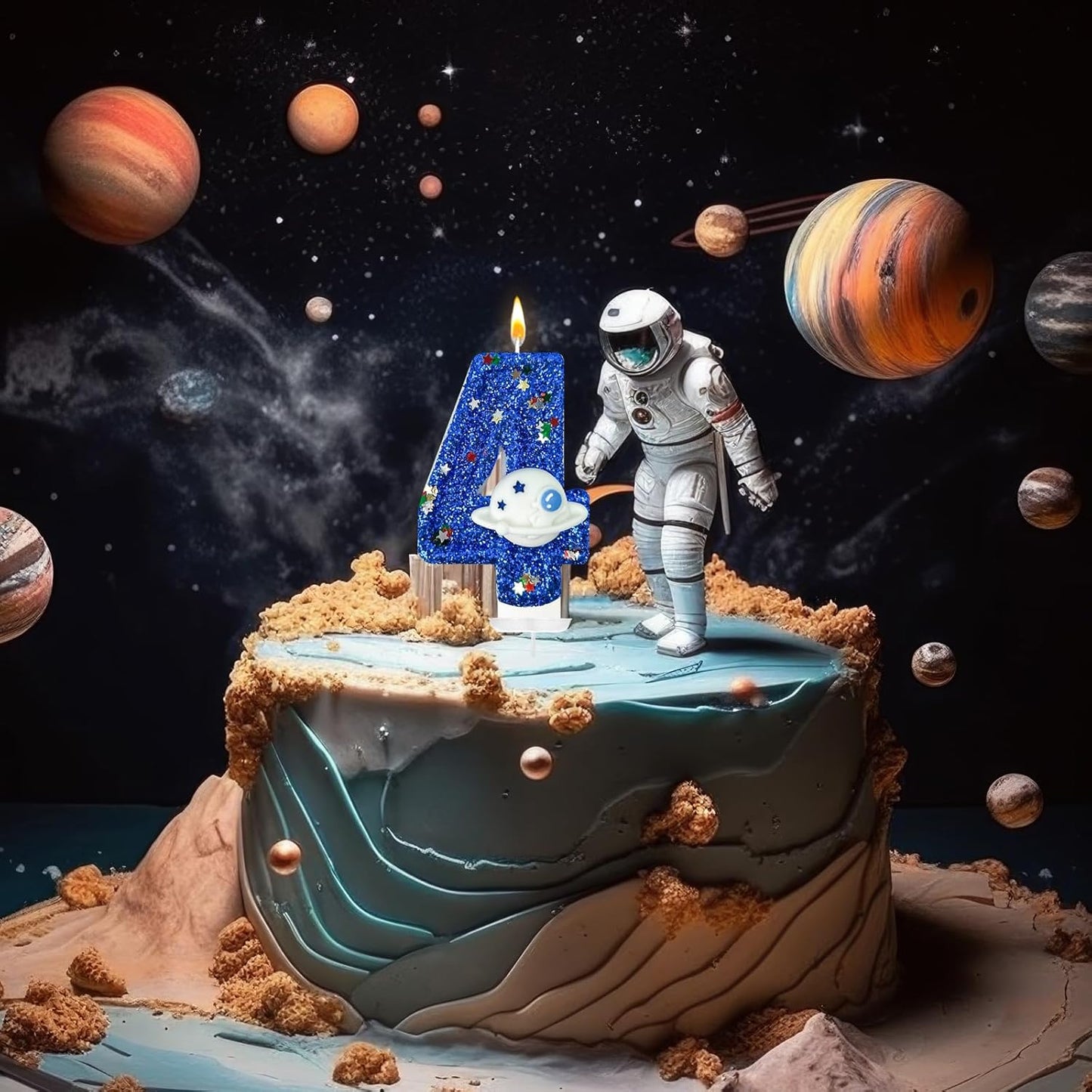 HXOUSE Spaceship Number 4 Birthday Candles - Outer Space Universe Birthday Candles for Cake, 4 Candle Topper for Anniversary Celebrations, Astronaut Rocket Party Decorations for Boys