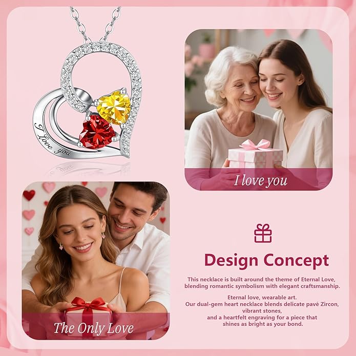 Double Birthstone Heart Necklace 0.8CT Dual-Gemstone S925 Sterling Silver Plated White Gold Engraved I Love You Perfect Anniversary/Valentine's Day Gift for Wife/Girlfriend/Mom/Daughter