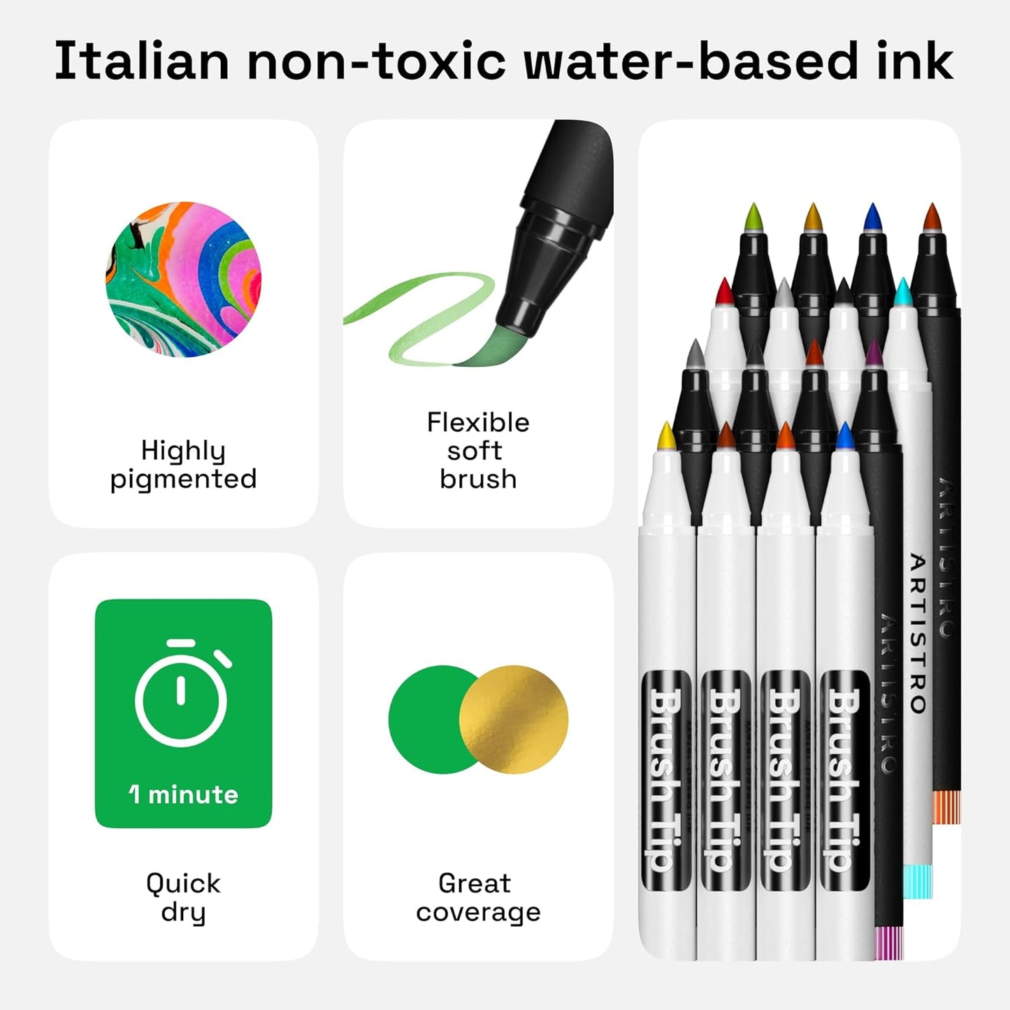 ARTISTRO Paint Markers - Acrylic Pens for Rock, Glass, Fabric, DIY - Art Supplies - 16 Brush Tip Markers