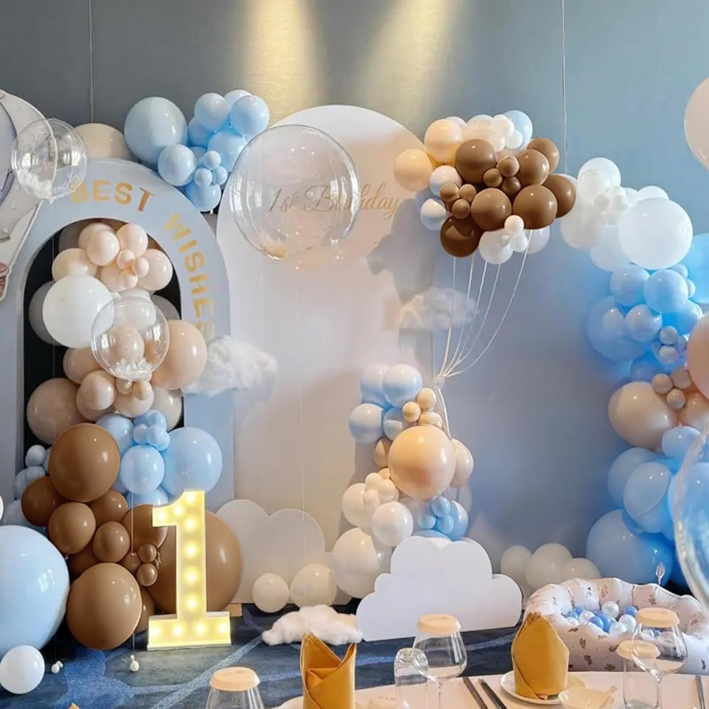 Dusty Blue Brown White Balloon Arch Kit, 166Pcs Boho Dark Brown Pastel Blue Sand White and Nude Balloons Garland for Baby Shower Gender Reveal Birthday Party Decoration