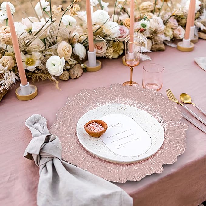 50 Pcs Rose Gold Charger Plates Bulk 13 Inch Plastic Charger Plates for Dinner Plate, Rose Gold Chargers for Table Setting, Reef Design Plate Floral Decorative Round Chargers for Wedding Party, Event