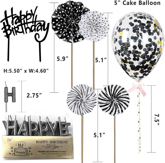 Black Cake Topper Decoration with Happy Birthday Candles, Acrylic Birthday Cake Topper, Confetti Balloon and Paper Fans for Black Theme Birthday Party Decor Women Man Girl Boy