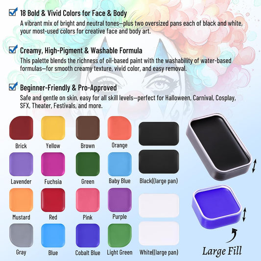 BOBISUKA 18 Color Washable Face & Body Paint Palette with Brushes, Extra Black & White Pans, Highly Pigmented Cream Formula Face Painting Kit for Halloween, Carnival, Cosplay, Festivals & SFX Makeup