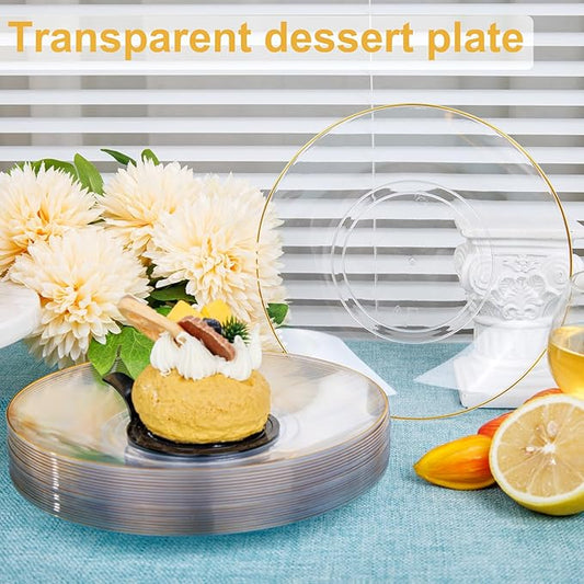 Nervure 100Pieces Clear and Gold Rim Plastic Plates - 7.5inch Disposabl Salad Dessert Plate - Clear and Gold Party Plates Ideal for Wedding & Party (Pack of 2)