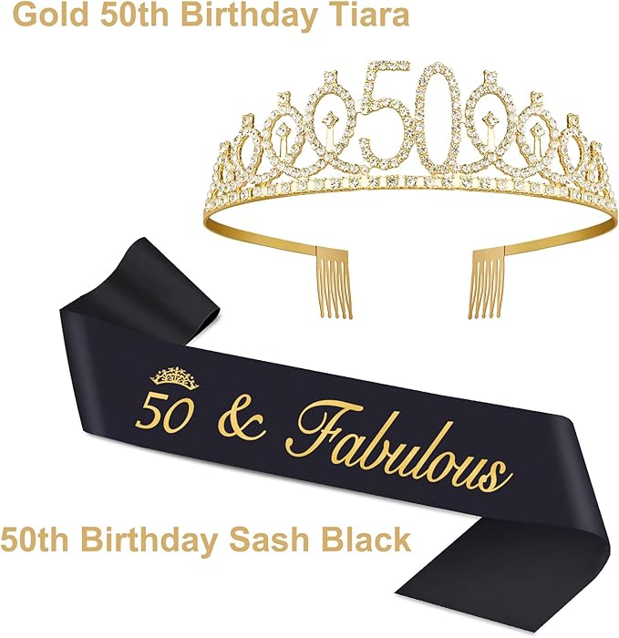 50th Birthday Decorations for Women with Crown, Sash, Candles for Womens 50th Birthday Decorations Gold and Black