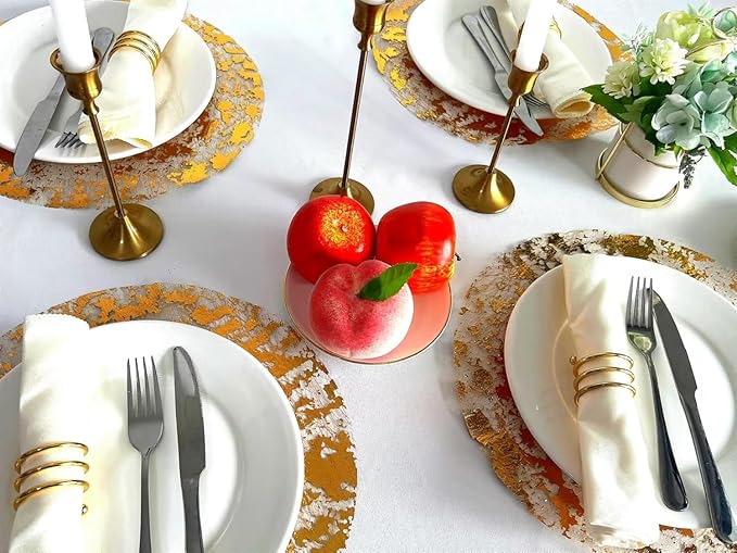 Disposable Gold Placemats Set of 50 Metallic Thin Round 13 Inch Gold Doilies Mesh Pressed Fall Table Placemates 50 Pack Gold Charger Plates for Wedding, Birthday Party