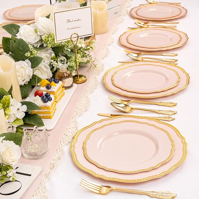 Hioasis 60pcs Pink Plastic Plates - Pink and Gold Disposable Dinnerware with Gold Rim, Heavy-duty, 7 inch, Dessert Plates for Party & Easter