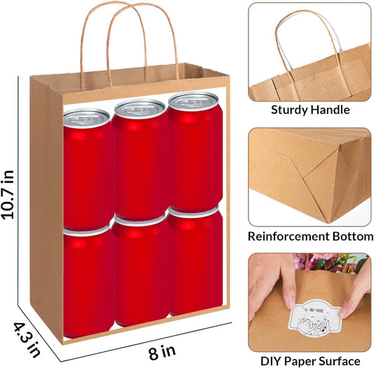 SUNEE 100Pcs Brown Paper Bags with Handles, 8x4.3x10.7 Inchs Gift Bags Bulk Medium Size, Kraft Paper Gift Bags for Party, Favor, Shopping, Grocery,Craft, Takeout Packaging and Bakery