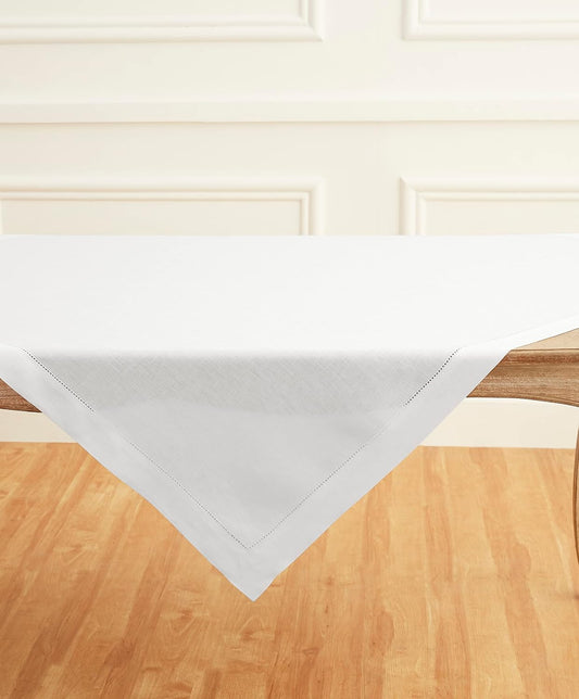 Solino Home White Linen Tablecloth 52 x 52 Inch - 100% Pure Linen Square Table Throw - Classic Hemstitch, Machine Washable Table Cloth for Fall, Autumn, Halloween, Thanksgiving, Holiday