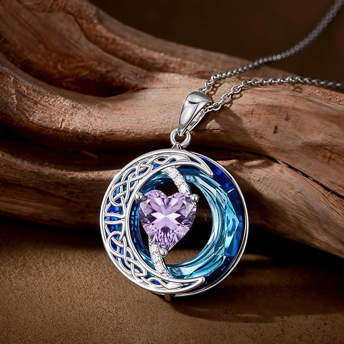Valentines Day Gifts for Women, Birthstone Necklace for Women, Celtic Moon Pendant Blue Crystal Necklace Heart Jewelry Anniversary Jewelry Gift for Daughter Wife Mother Sister