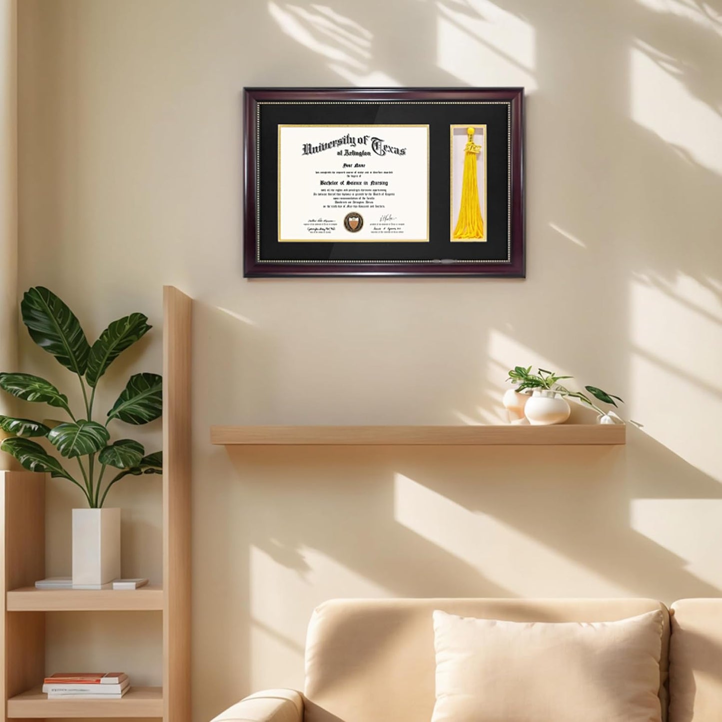 GraduationMall 11x17 Mahogany Diploma Frame with Tassel Holder for 8.5x11 Certificate Document,Real Glass, Black over Gold Mat