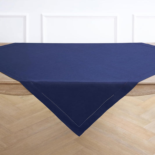 Solino Home Navy Blue Linen Tablecloth 52 x 52 Inch - 100% Pure Linen Square Table Throw - Classic Hemstitch, Machine Washable Table Cloth for Fall, Autumn, Thanksgiving, Christmas, Holiday