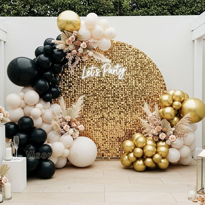 Black White and Gold Balloon Arch Kit – Double Stuffed Balloons in Black, Ivory with Metallic Gold – 5”/12”/18” Balloons for Graduation, Birthday, Retirement, New Year, Balloon Garland Decorations