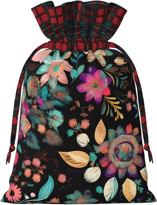 PULaif Colorful Boho Florals Christmas Drawstring Gift Bags, Large Size Christmas Bags For Gifts Party Favors, Xmas Gift Bags