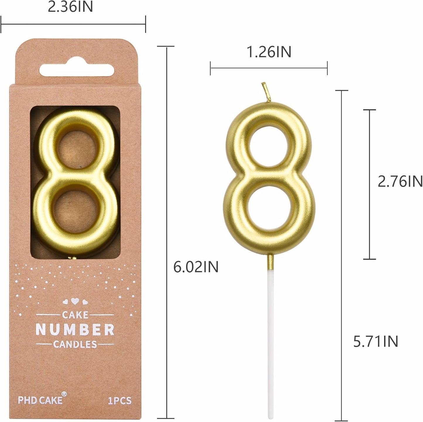 PHD CAKE 2.76 inch Classical Gold 8 Number Birthday Candles, Gold Number Candles, Cake Number Candles, Party Celebration
