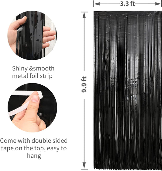 Crosize 3 Pack 3.3 x 9.9 ft Black Foil Fringe Backdrop Streamer Curtains, Birthday Party Decorations, Tinsel Curtain for Parties, Photo Booth Backdrops, Party Decor