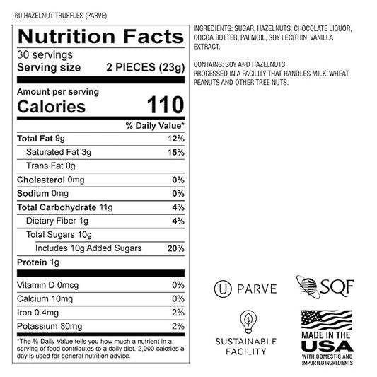 Astor Chocolate 60 Count Gourmet Vegan Certified Dark Chocolate Hazelnut Truffles Tub, Bulk Premium Candy Gift, Parve