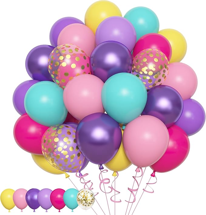 Amandir 153pcs Purple Blue Pink Balloon Garland Arch Kit, Different Sizes 18 12 10 5 inch Teal Yellow Latex Metallic Confetti Balloons for Magic Birthday Engagement Party Decoration