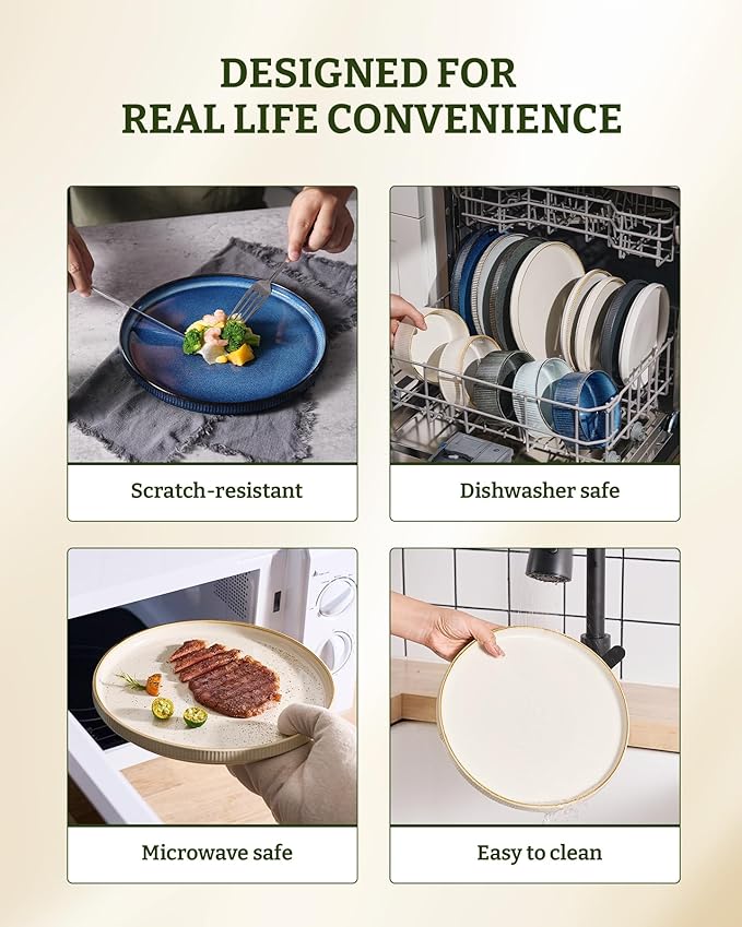 famiware Star Dinner Plates for 6, 10 inches Plate Set, Scratch Resistant, Stoneware Dinnerware, Kitchen Modern Rustic Serving Dishes, Vanilla White