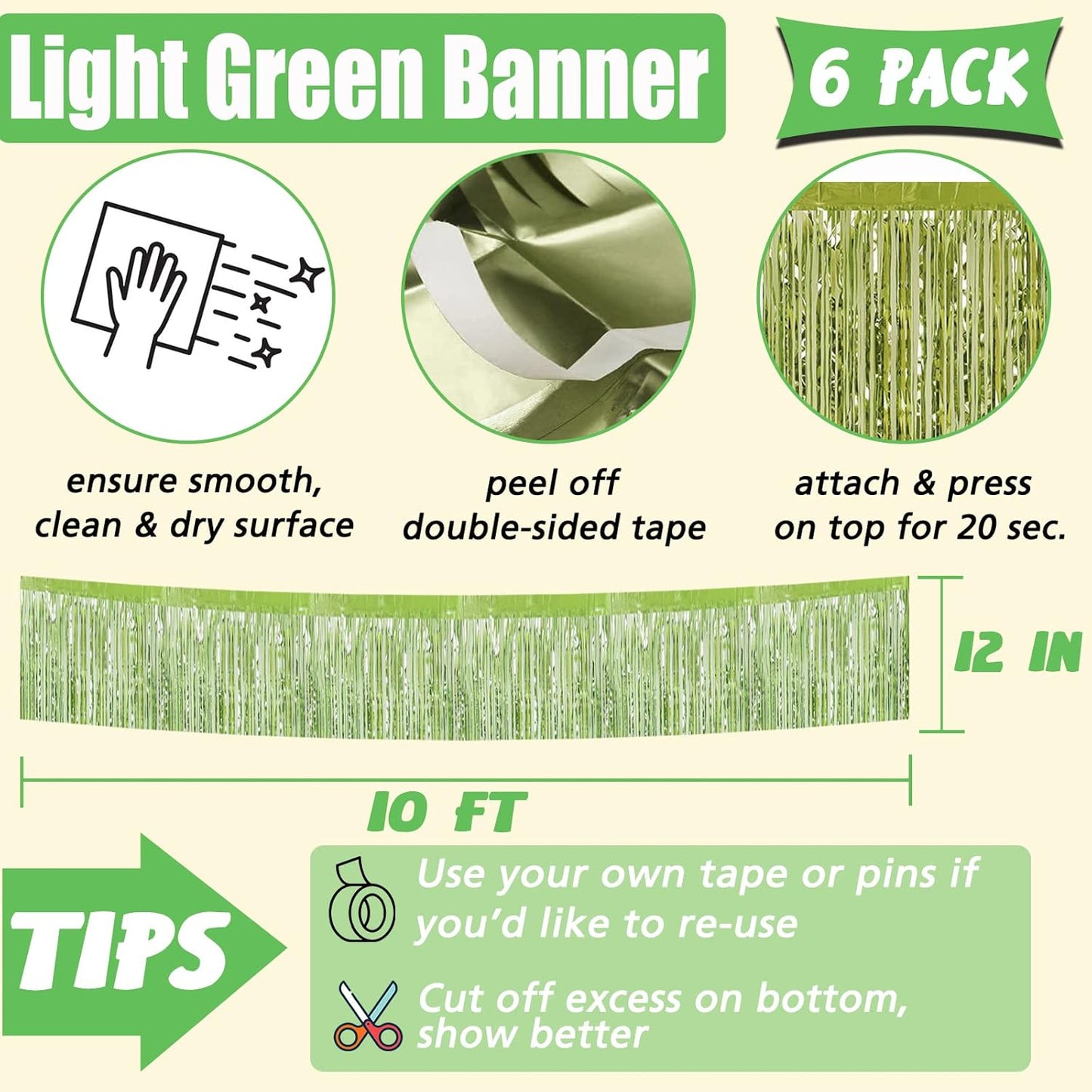 6 Pack 10 Feet Foil Fringe Garland Metallic Tinsel Banner Wall Hanging Curtain Streamers Backdrop for Parade Floats Bachelorette Wedding Birthday Party Thanksgiving Christmas Decorations(Light Green)