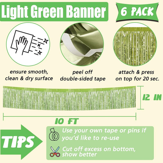 6 Pack 10 Feet Foil Fringe Garland Metallic Tinsel Banner Wall Hanging Curtain Streamers Backdrop for Parade Floats Bachelorette Wedding Birthday Party Thanksgiving Christmas Decorations(Light Green)