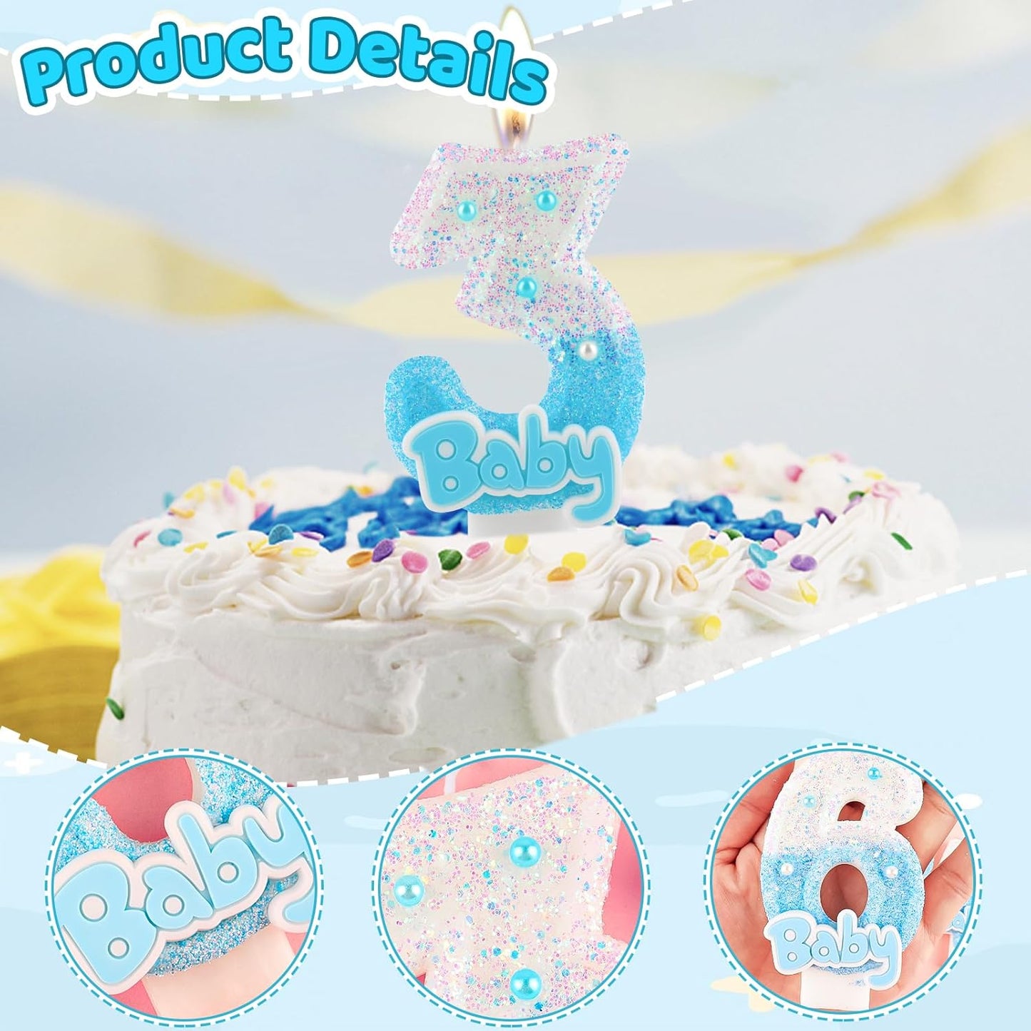 Blue Baby Number 3 Birthday Candle, 2.8in Cute Shiny 1st Happy Birthday Candle with Tray & Stick Boys Girls 3 Candle for 3rd Birthday Ideal Birthday Parties Cake Decoration & Gifts