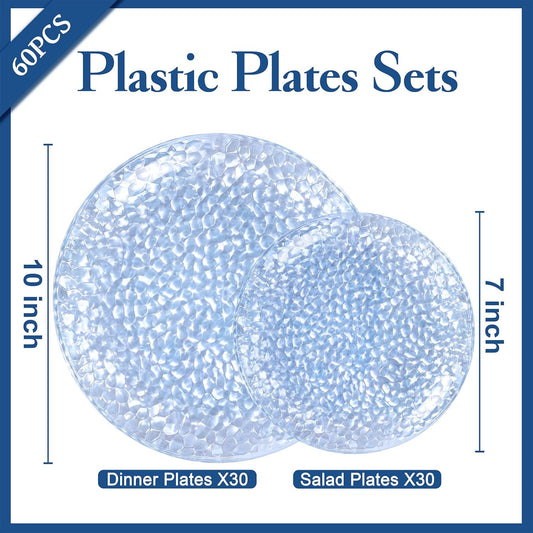 Rubtlamp 60Pcs Plastic Blue Plates, Heavy Duty Disposable Plates, Blue Hammered Party Plate Include 30 Dinner Plate, 30 Dessert Platos, Fancy Disposable Platos For Wedding Parties