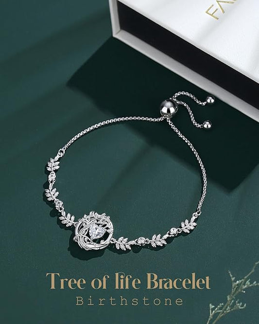 FANCIME Valentines Day Gift Tree of life Birthstone Bracelet for Women Sterling Silver Tree Jewelry Birthstone Charm Bracelet Gemstone Anniversary Birthday Gifts for Wife Mom Her