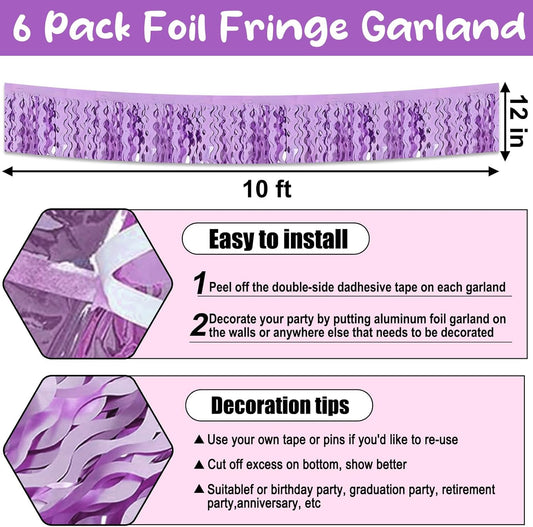 6 Pack 10 Feet Light Purple Wave Foil Fringe Garland Metallic Tinsel Streamers Banner Wall Hanging Curtain Backdrop for Parade Floats, Mother's Day, Easter, Wedding, Birthday Party Decoration
