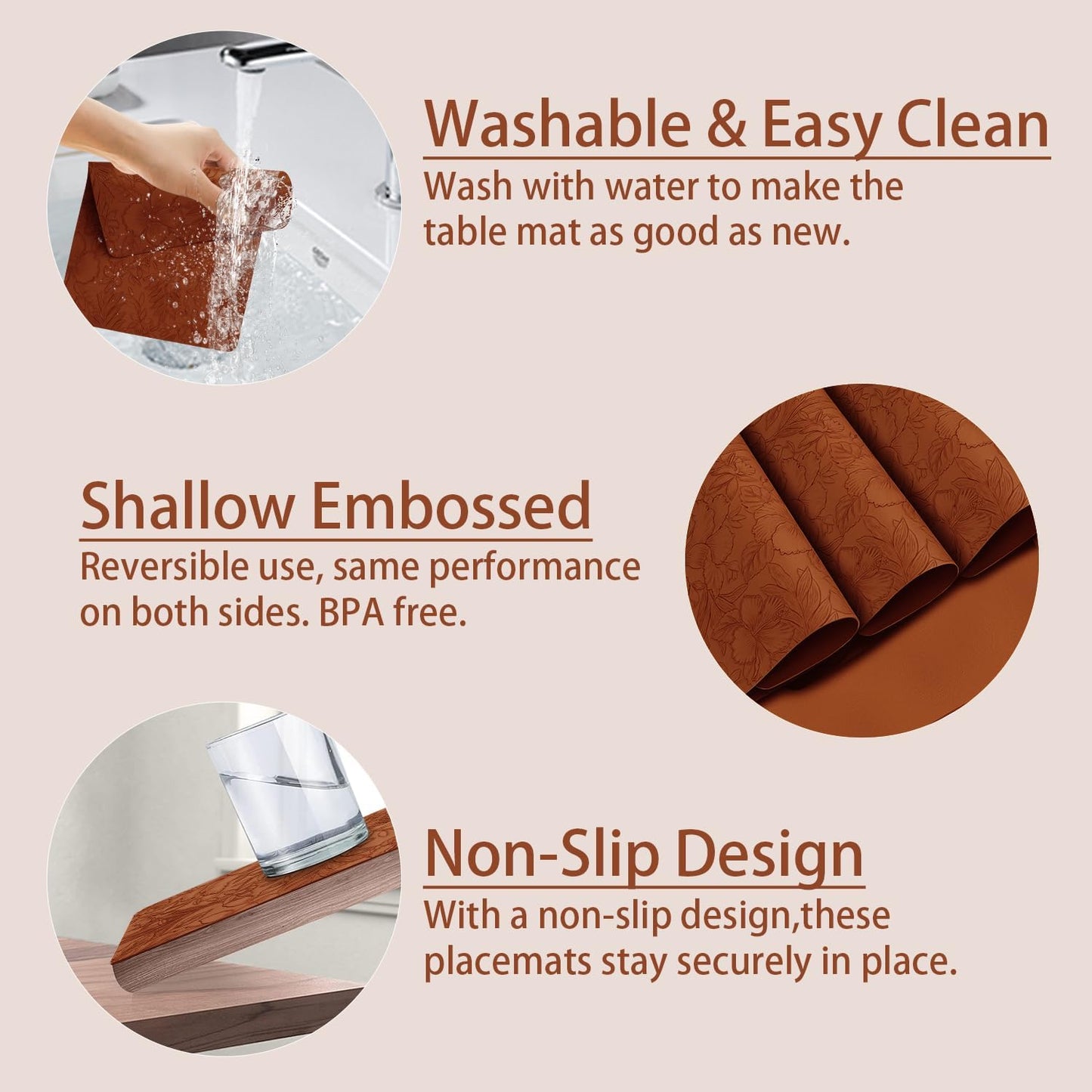 17" ร 12" Faux Leather Placemats Set of 6, Caramel Brown, Washable, Wipeable & Heat-Resistant Table Mats, Waterproof & Anti-Slip Dining Place Mats with Shallow Embossed Texture for Kitchen & Dining