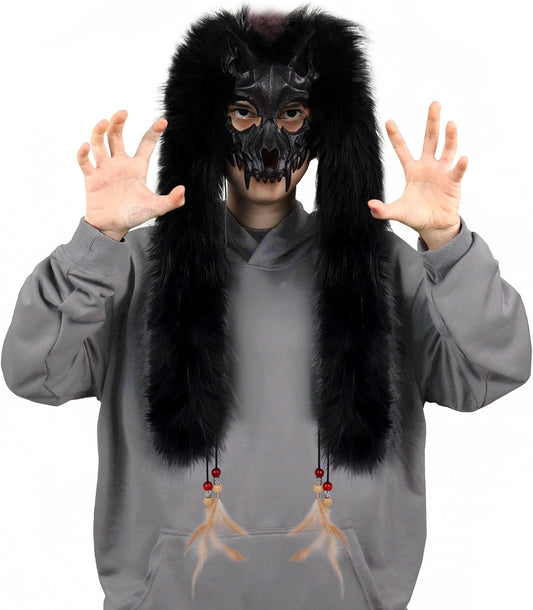 Adolala Faux Fur Furry Animal Wolf Fox Face Mask Werewolf Costume Cosplay Accessory for Halloween Themed Parties