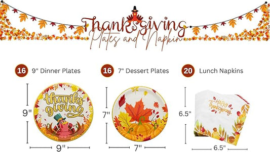Thanksgiving Party Plates and Napkin (52 pieces for 16 guests) - Thanksgiving Party Supplies, Thanksgiving Party Decorations, Fall Theme Party, Turkey Party Plates and Napkins, Blue Orchards