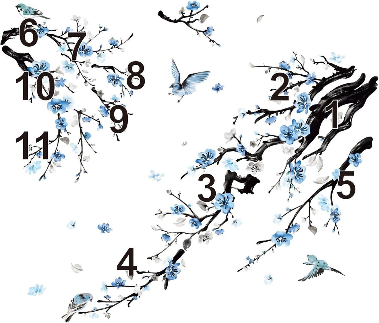 wondever Watercolor Flower Tree Branch Wall Stickers Blossom Blue Floral Birds Peel and Stick Wall Art Decals for Living Room Bedroom